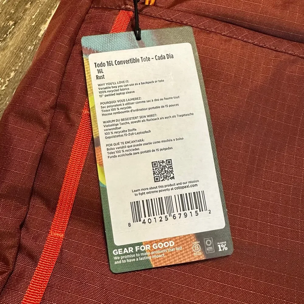 NWT Cotopaxi Todo 16L Convertible Tote Bag Backpack Laptop Zipper Top Rust Red